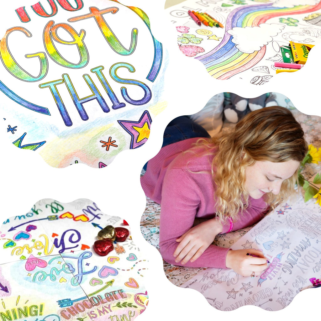 Circular images of coloring pages in bright colors, with a young teen coloring on her bed