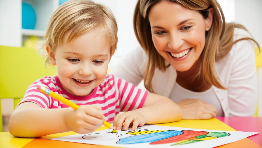 5 year old playing with free educational worksheets from bored to brilliant and mom looking proud