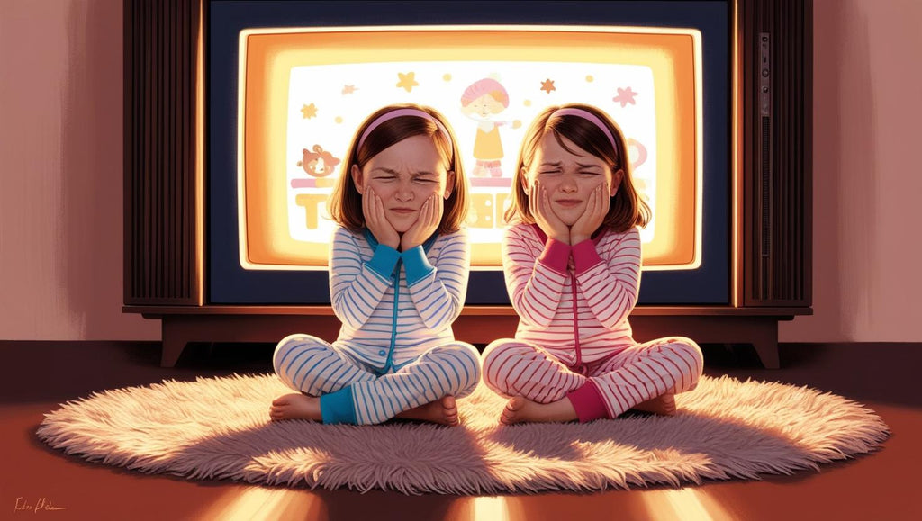 screen-free for kids, two 5 year old girls sitting in front of a tv but facing in the opposite direction with uncomfortable looks on their faces