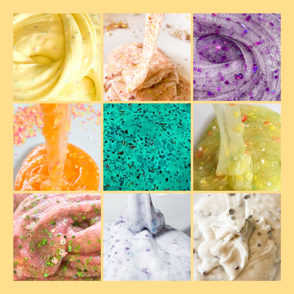 9 different slime kits in an image collage, the various colors are purple, orange, yellow, white, glow in the dark, pink, peach