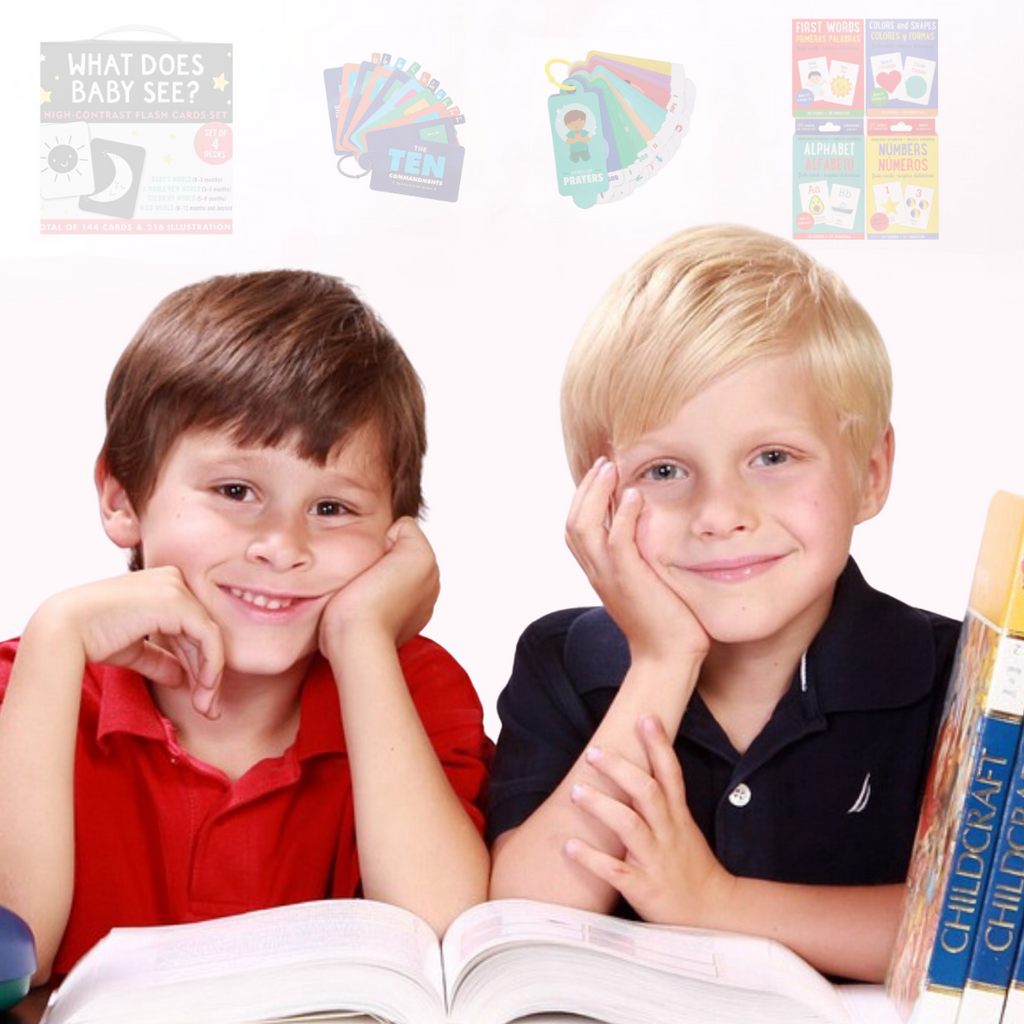 two kids, both male, one with brown hair and one with blonde hair with their hands on their face, books are in front of them and to the side, with images of kids flashcards above their head