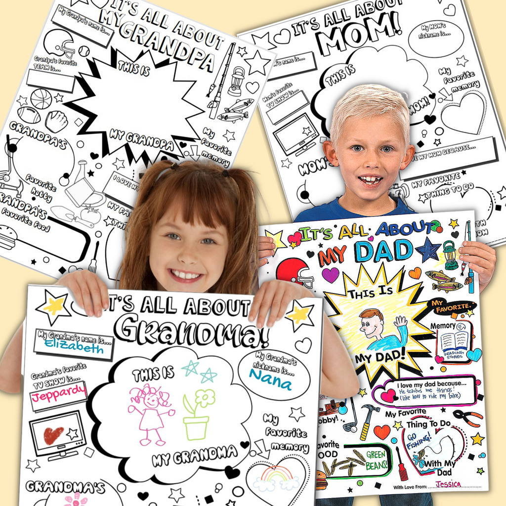 Kids with coloring posters for dad, grandma, mom and grandpa