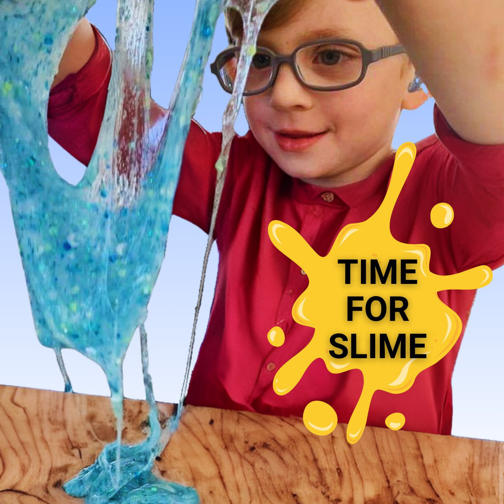 image of a child playing with sensory slime kit, blue slime, red shirt, yellow splat that says time for slime