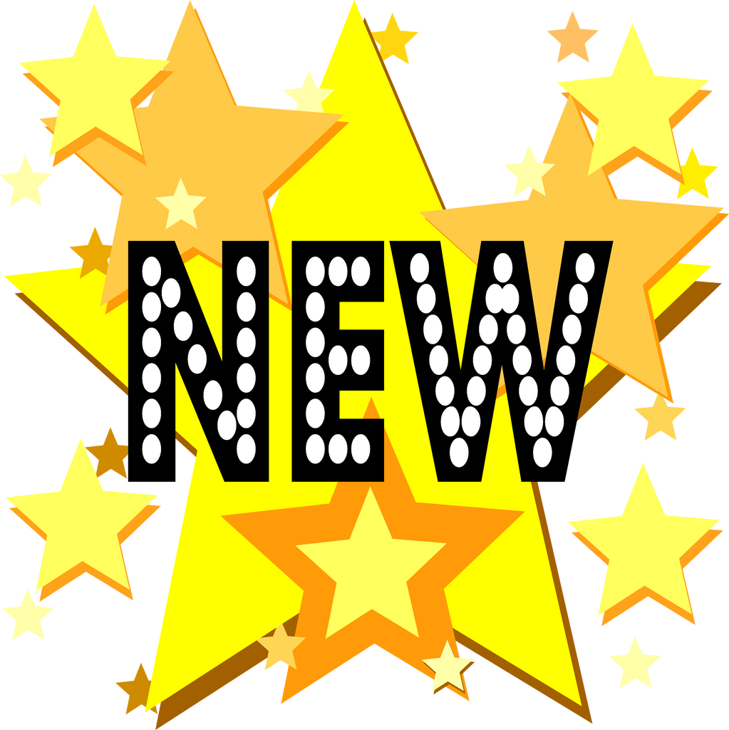 the word new in black with light bulbs in the center and yellow and orange stars all around the word