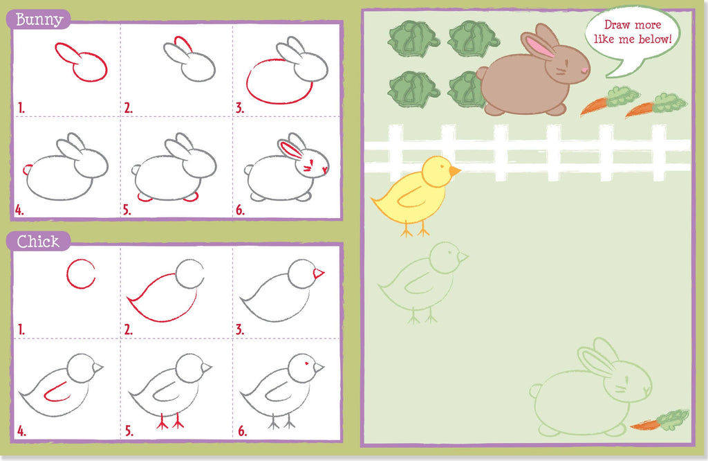 learn to draw kids book showing directions to draw a bunny and chick