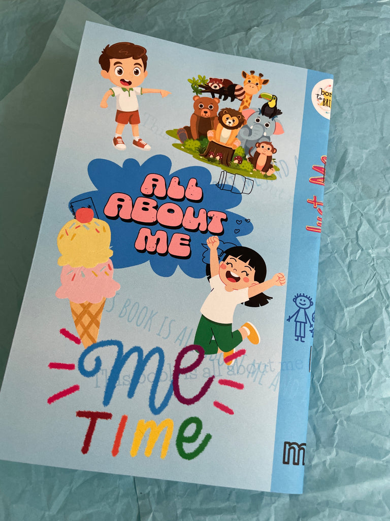 Children's book titled 'All About Me Time' with colorful illustrations on a textured surface.