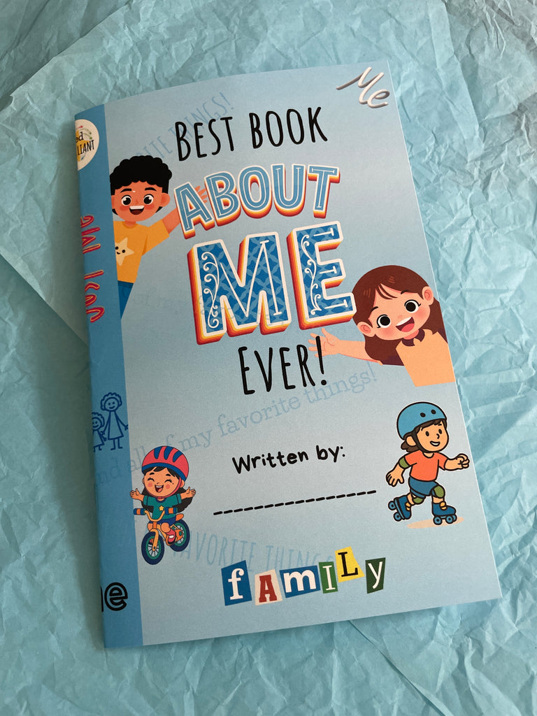 Children's book titled 'Best Book About Me Ever' on a textured blue background