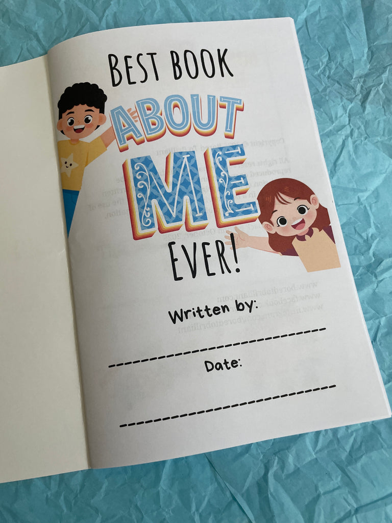Book titled 'Best Book About Me Ever!' with illustrations of children on a blue textured background