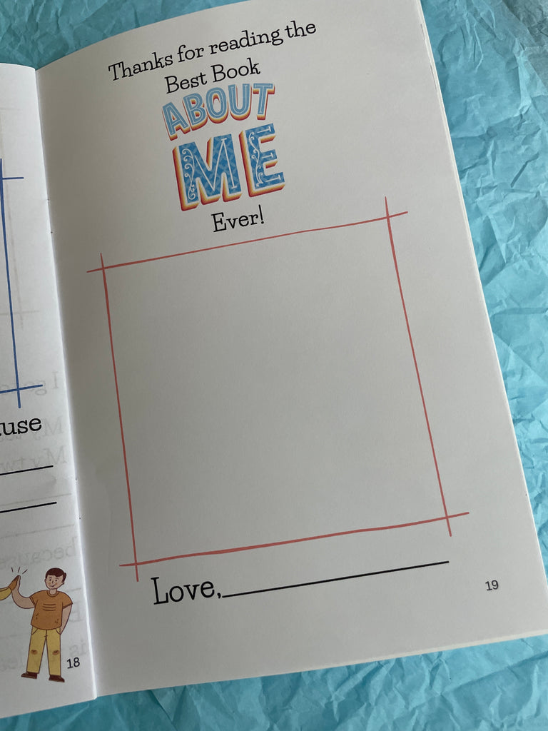 Book with a page titled 'Best About Me' on a blue textured surface