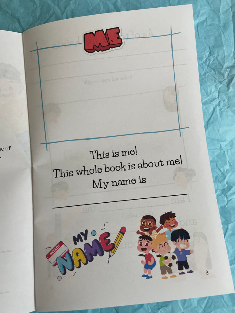 Children's book with lined pages and colorful illustrations on a blue textured background