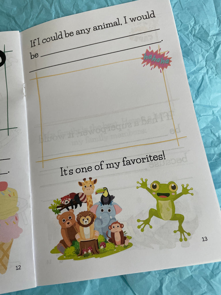 Children's book page with illustrations of animals and text on a blue textured background