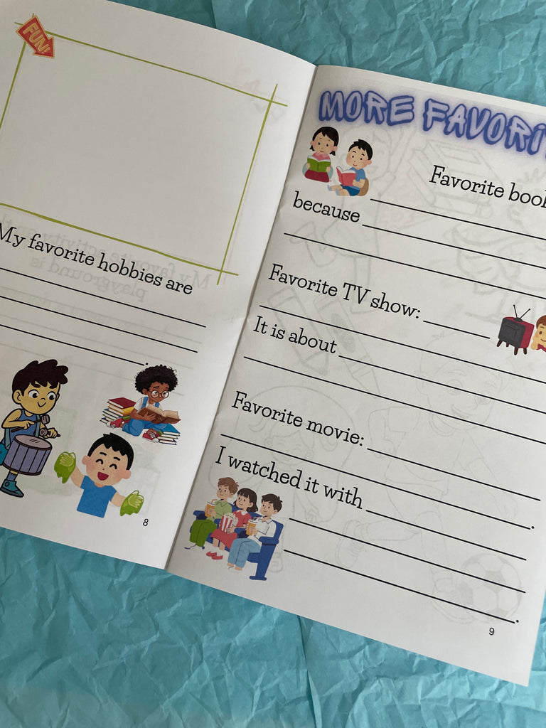 Children's questionnaire with illustrations on a blue textured background