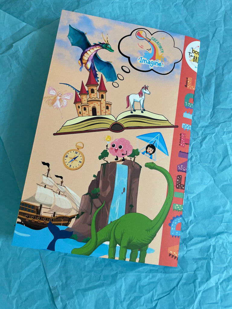Colorful children's book, back cover, with illustrations on a blue textured , background