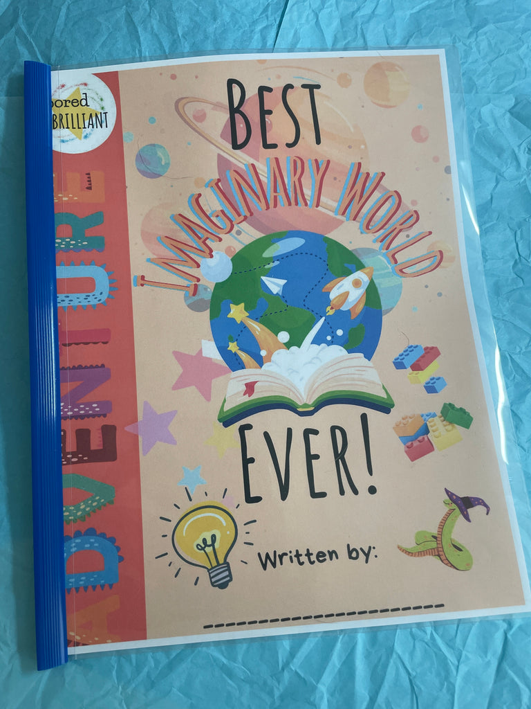 Colorful book cover for the book 'Best Imaginary World Ever' with text and graphics on a blue textured surface