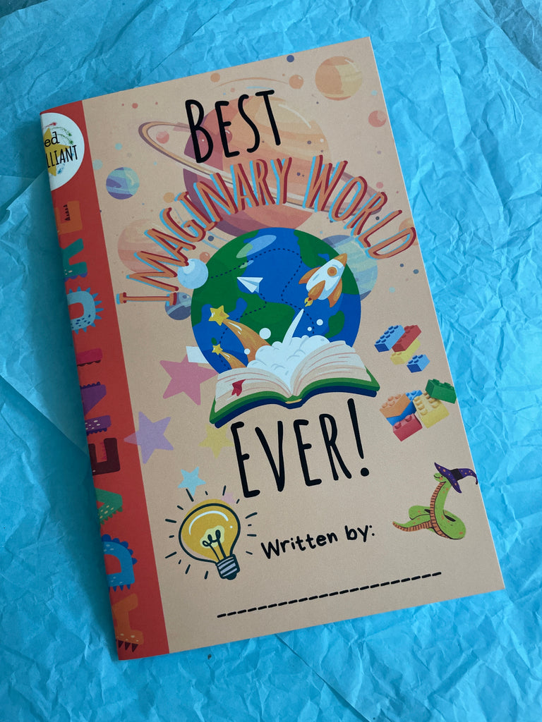 Colorful book titled 'Best Imagine Ever!' main color is peach on a blue textured surface