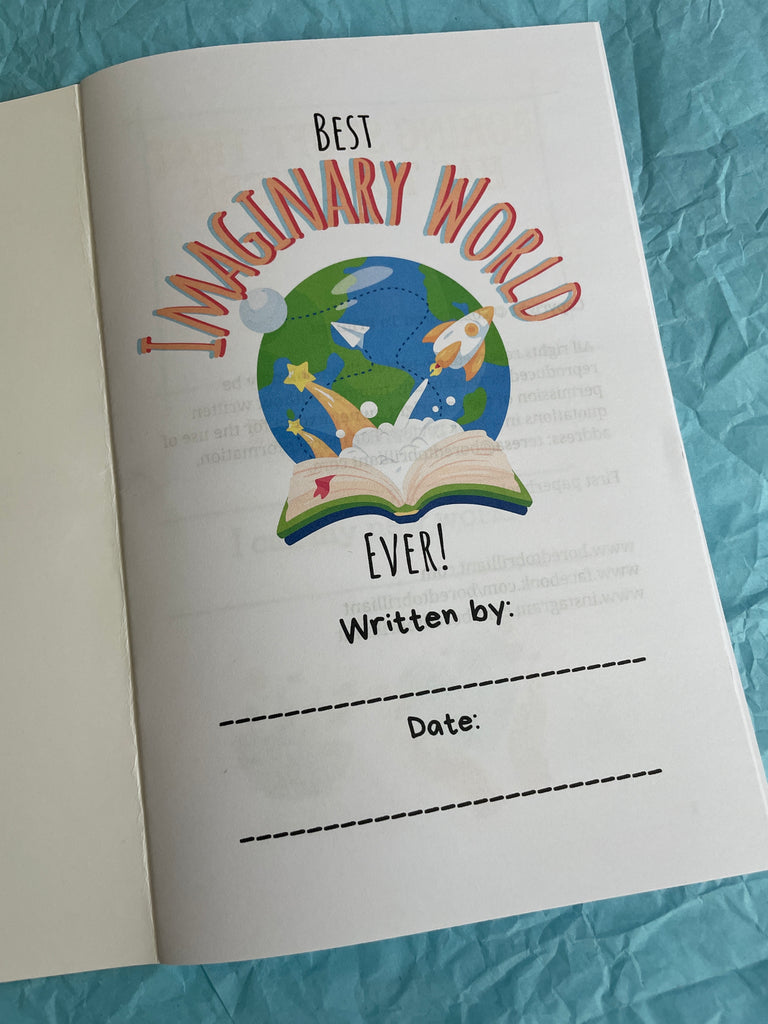 Book with a colorful illustration of a book under the Earth, text 'Best Imaginary World Ever!', on a blue textured background.