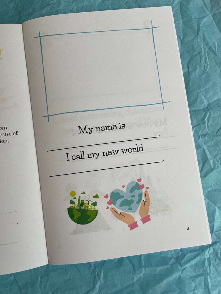 Book with a page featuring text and illustrations on a blue textured background