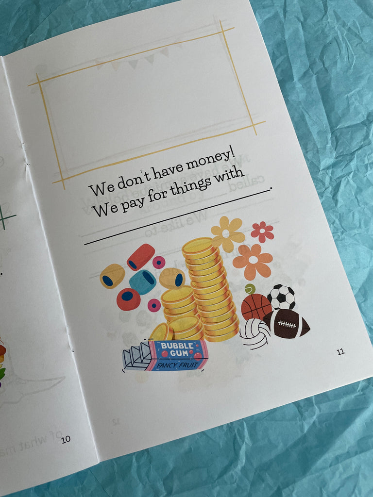 Children's book page with illustrations of toys and text on a blue textured background