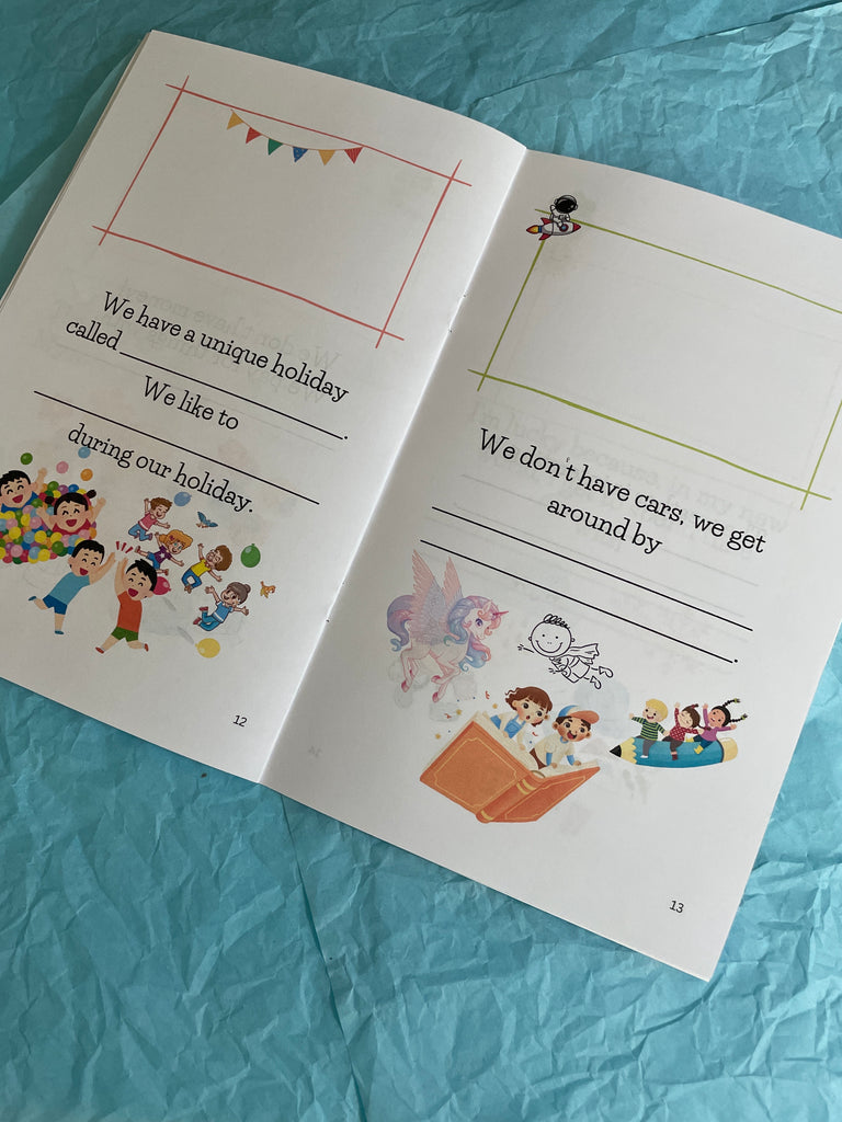 Open book with illustrations and text on a blue textured surface