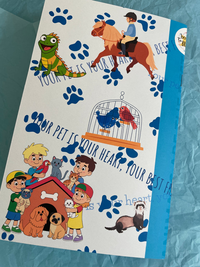 Children's book with cartoon characters on a blue textured background