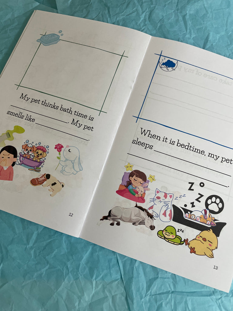 Children's book with illustrations and text on a blue textured surface
