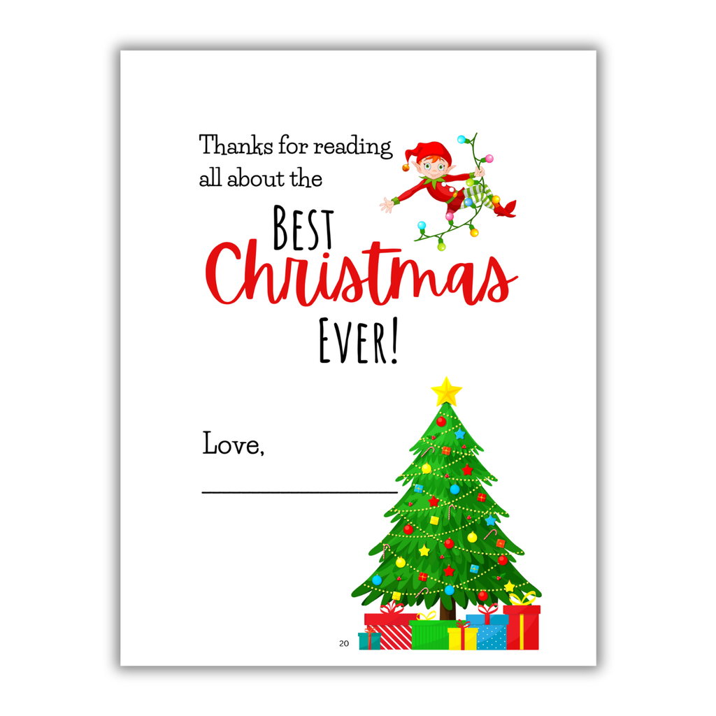 Interior page of a children's book titled 'Best Christmas Ever!' with festive cartoon illustrations.