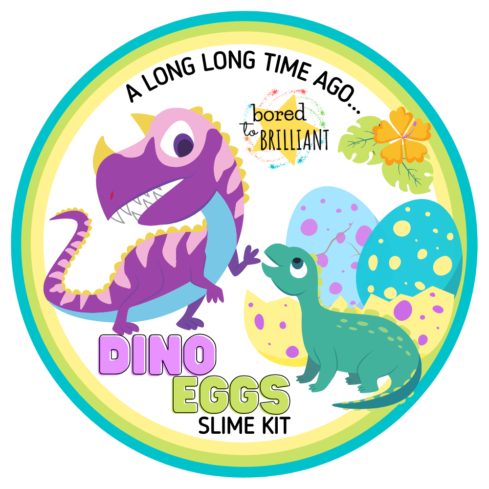 DINO EGGS BUTTER SLIME KIT label with dinosaurs, one purple dino and one green dino and some eggs 