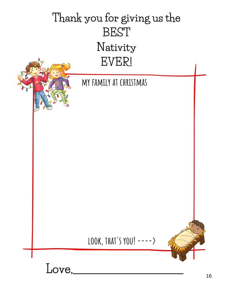  'Best Nativity Ever!' interior page with cartoon characters and drawing box