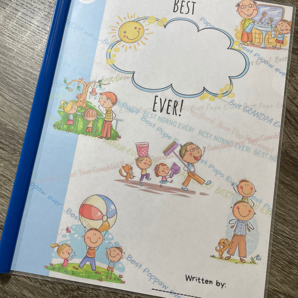 Best Grandpa Ever Digital Download Cover in Blue Folder With Clear Cover on Wood Table Background