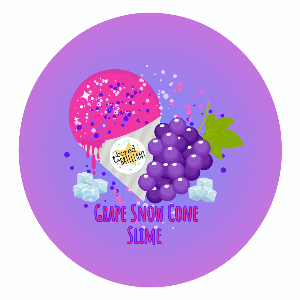 Grape Snow Cone Slime product label with pink snow cone, purple grapes, and blue ice cubes on a purple background.