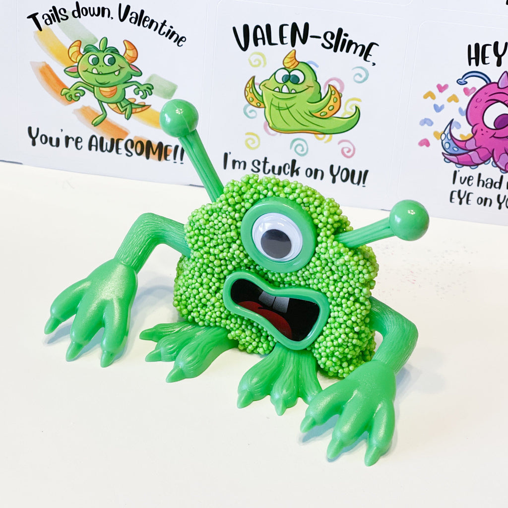 Create Your Own Putty Monster kids toy for diy kit, green putty monster and green arms, legs with monster slickers in the backdrop