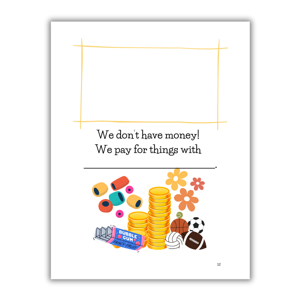 Inside page of book "Best Imaginary World Ever!" with colorful cartoon illustrations.