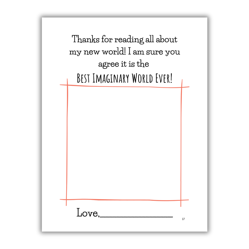 Inside page of book "Best Imaginary World Ever!" with colorful cartoon illustrations.