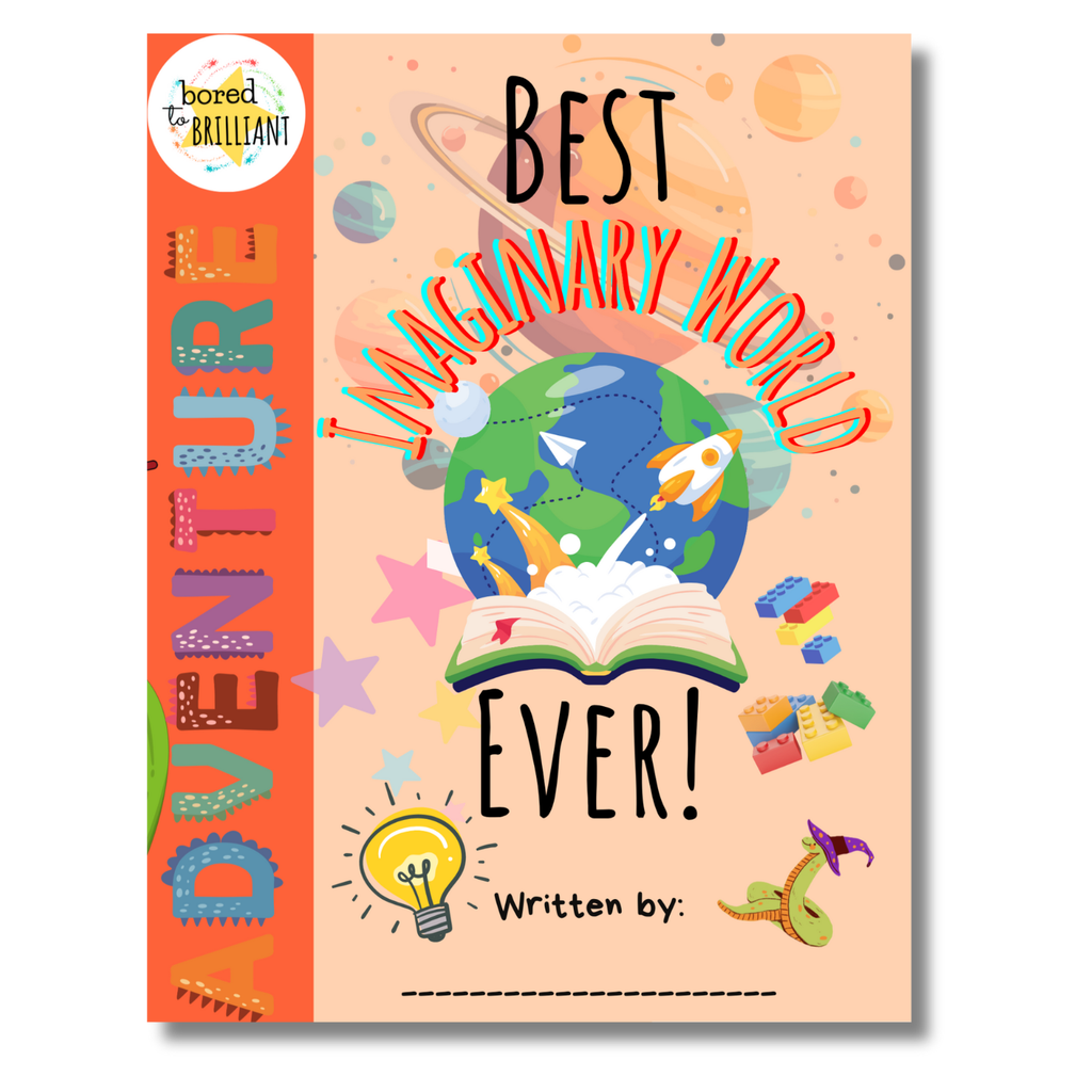 Book cover with colorful design and title 'Best Imaginary World Ever!' on a peach background