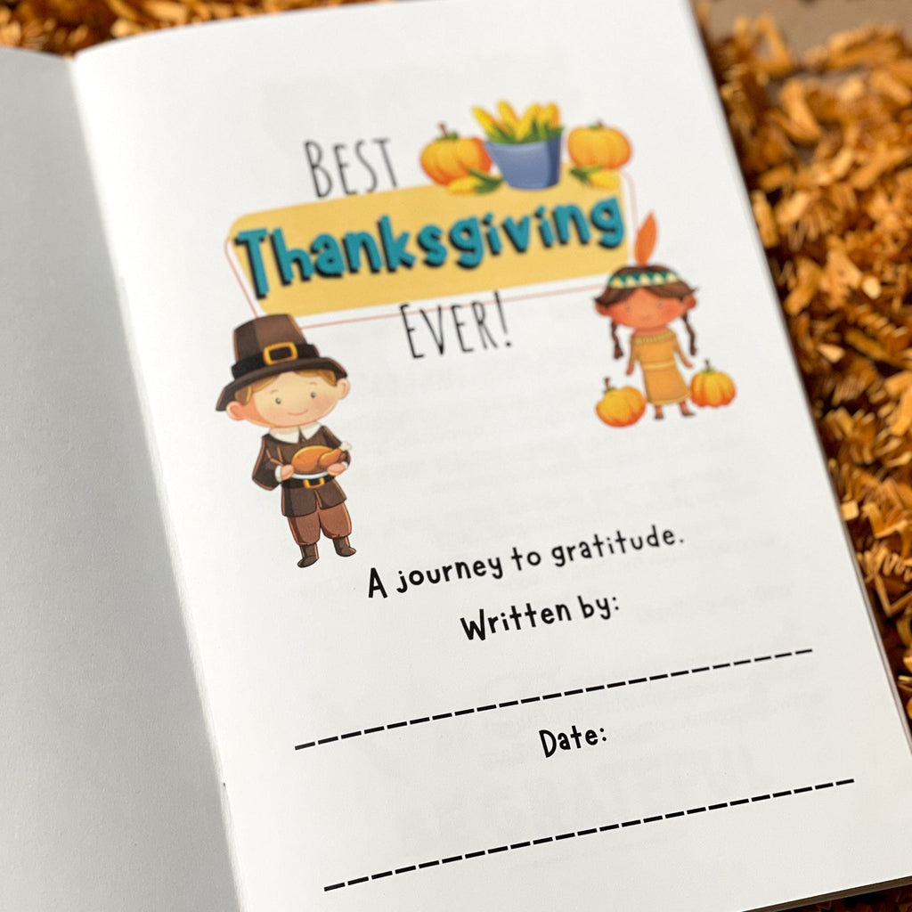 Inner Cover of Best Thanksgiving Ever Book showing pictures of children Pilgrim and Native American Indian