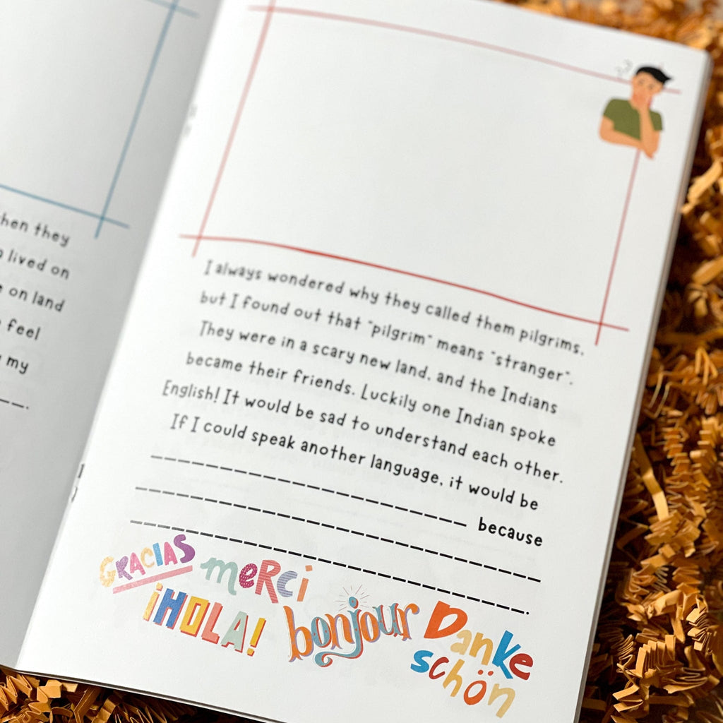 Interior page of Best Thanksgiving Ever Book indicating why called pilgrims and language