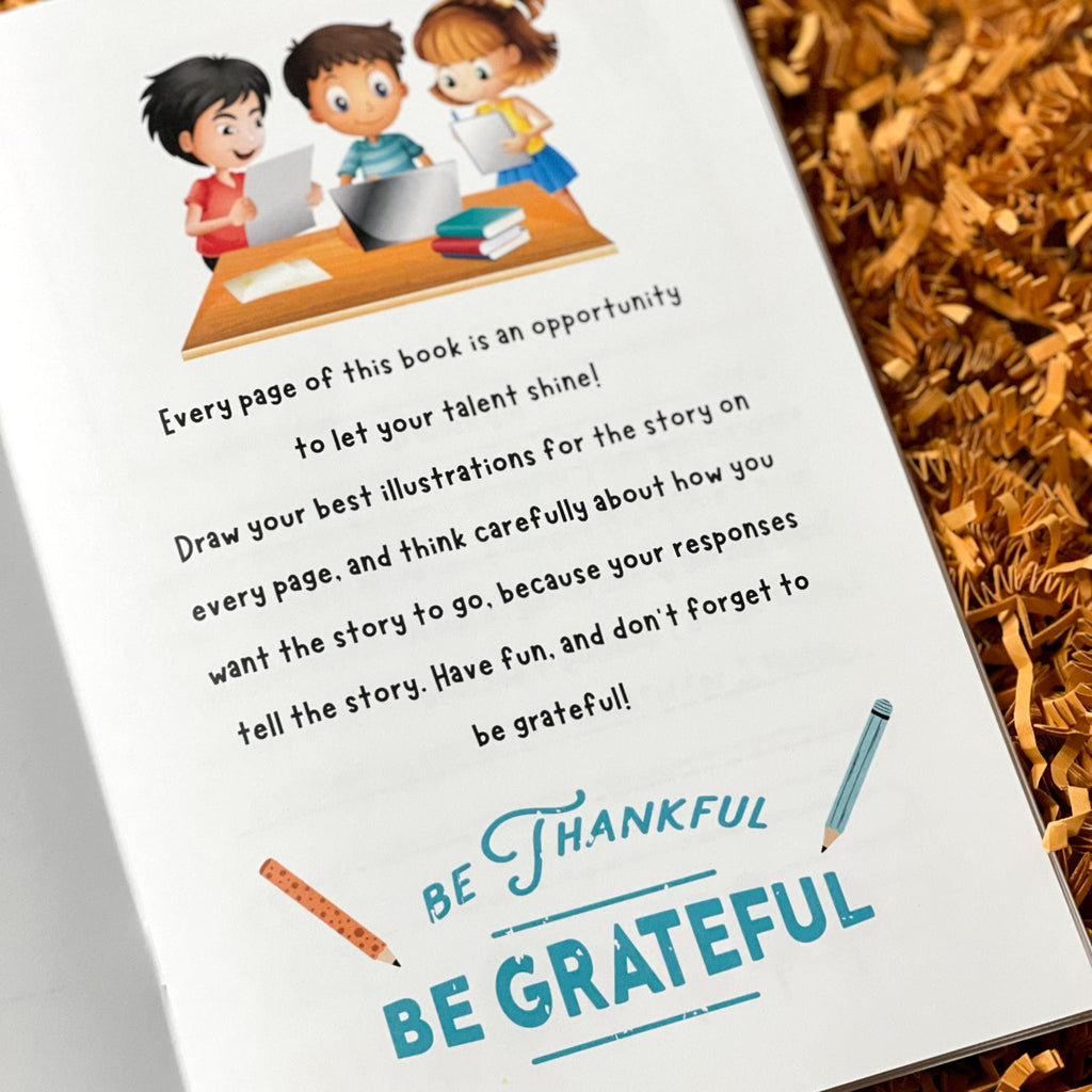 Interior Page of Best Thanksgiving Ever showing children writing, indicates how to write the story and to have fund