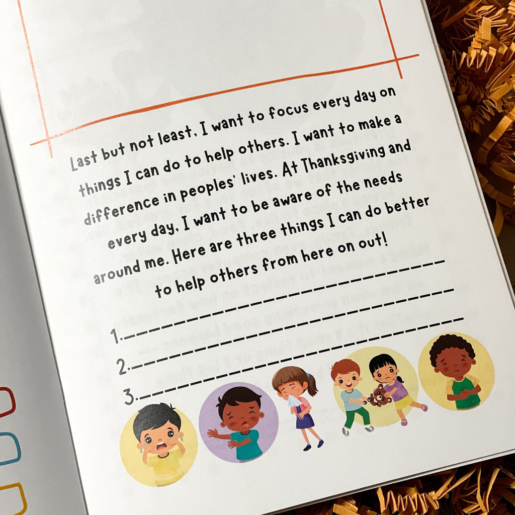 Interior page of Best Thanksgiving Ever Book which talks about helping others, shows pictures of kids in various need of help