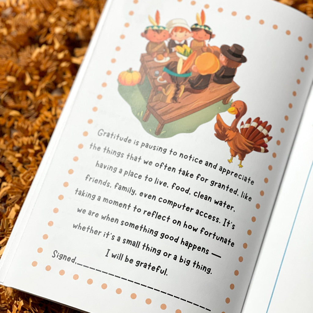 Interior page of Best Thanksgiving Ever which talks about gratitude and shows picture of children Pilgrims and Native Americans feasting at table for Thanksgiving 
