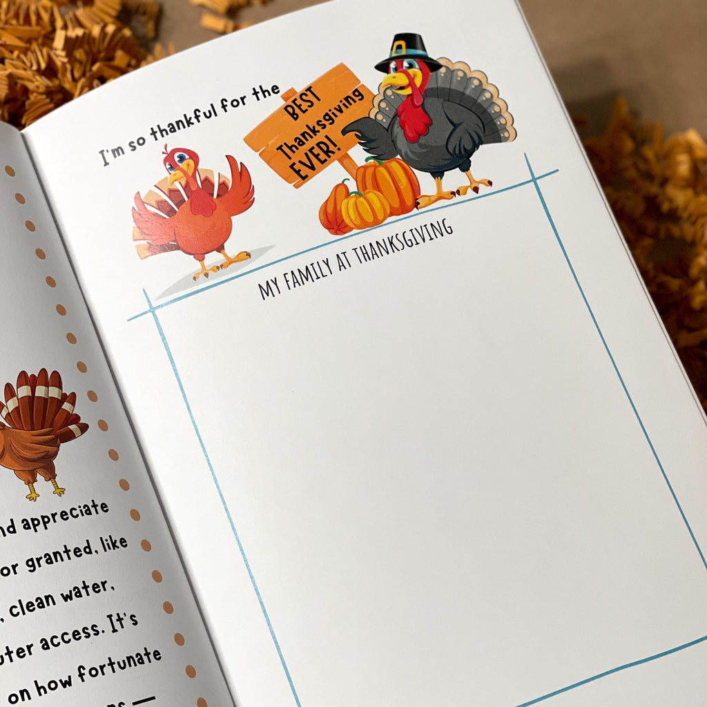Interior Page of Best Thanksgiving Ever with space for picture of family with cartoon pictures of turkeys