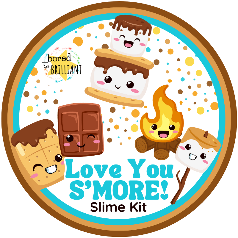 smores slime kit label with marshmallows, fire, stick, chocolate, diy 