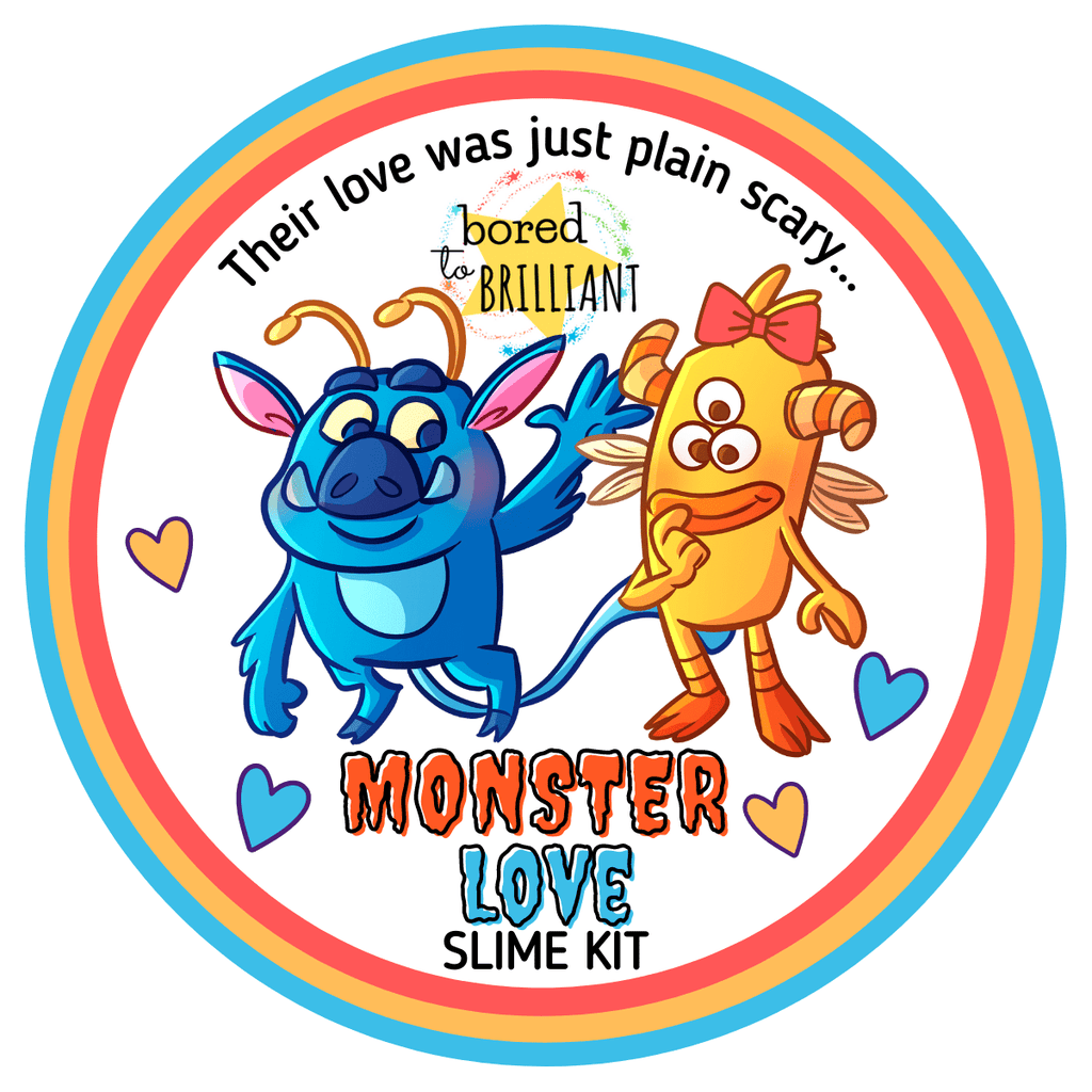 monster love slime kit for haloween label showing one blue monster and one orange monster, cute monsters! 
