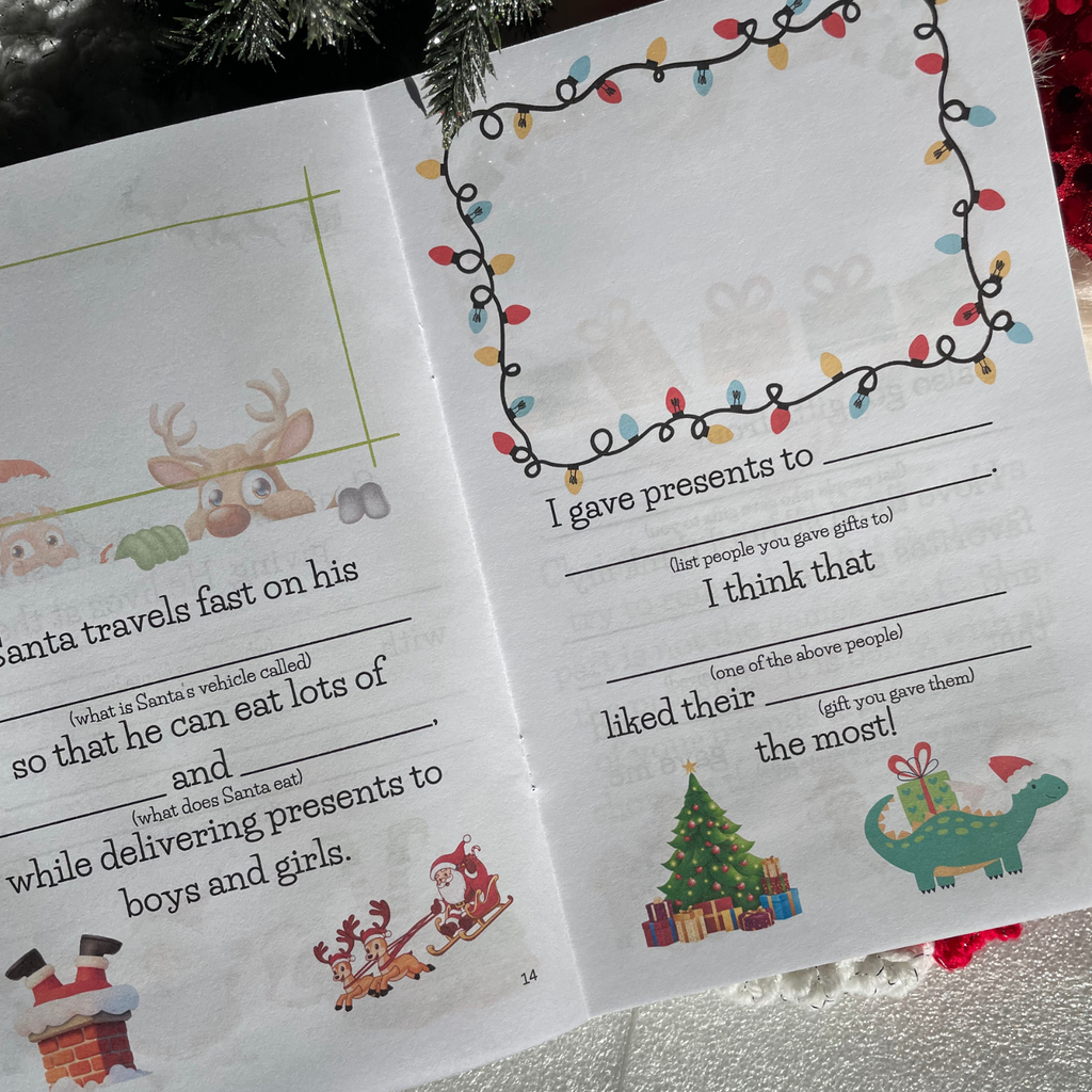 Children's book 'Best Christmas Ever" interior  pages with Christmas-themed text and illustrations on white snowy background