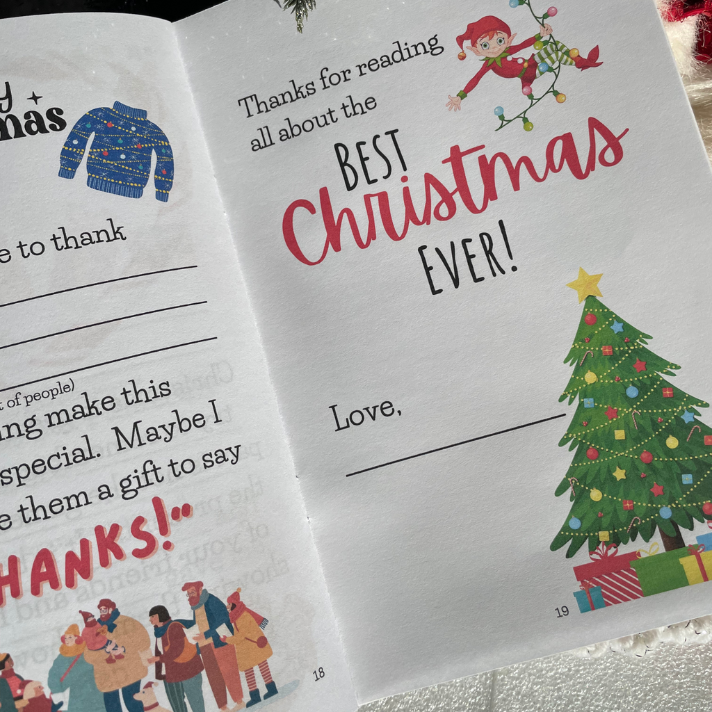Children's book 'Best Christmas Ever" interior  page with Christmas-themed text and illustrations on white snowy background