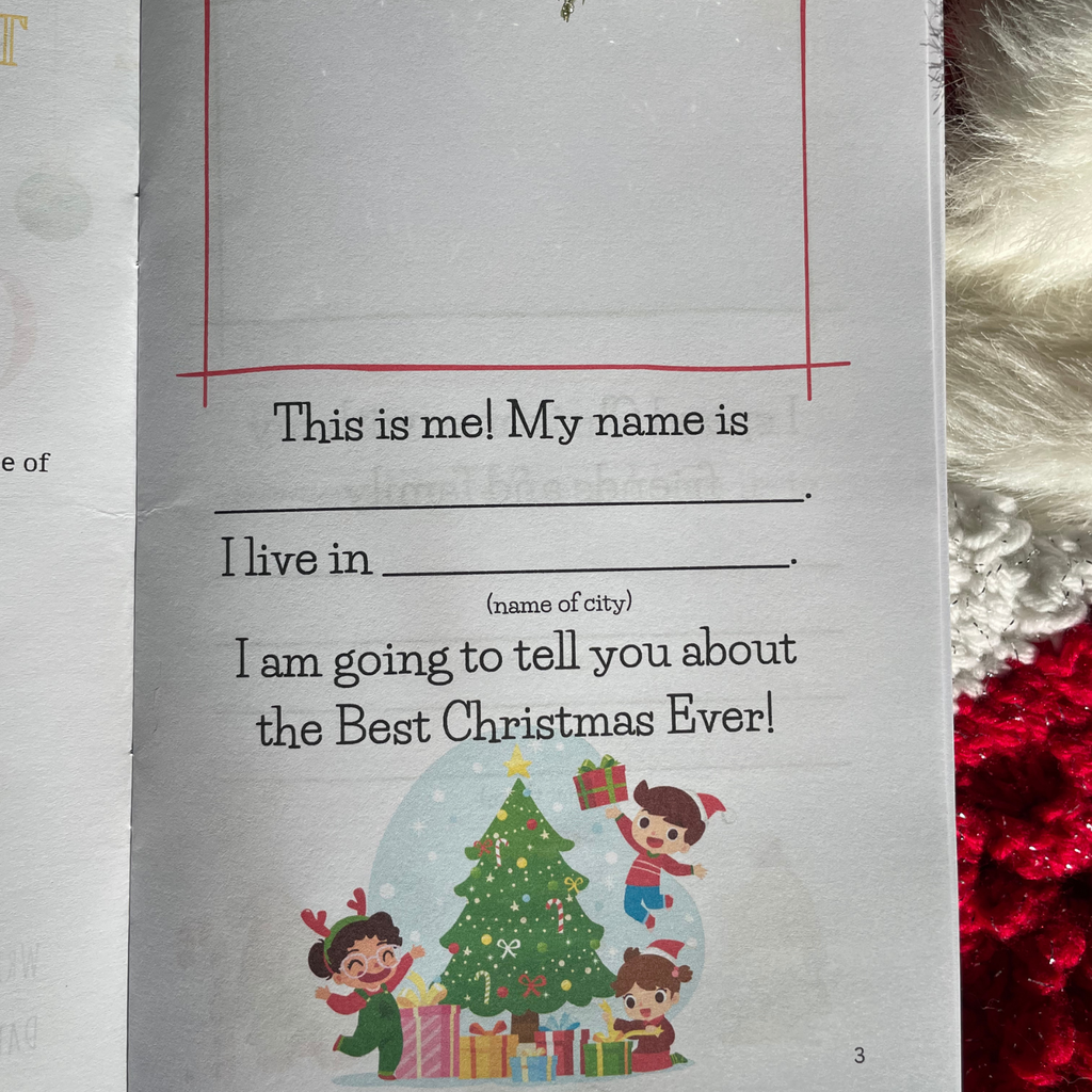 Children's book 'Best Christmas Ever" interior  page with Christmas-themed text and illustrations with Christmas stocking background