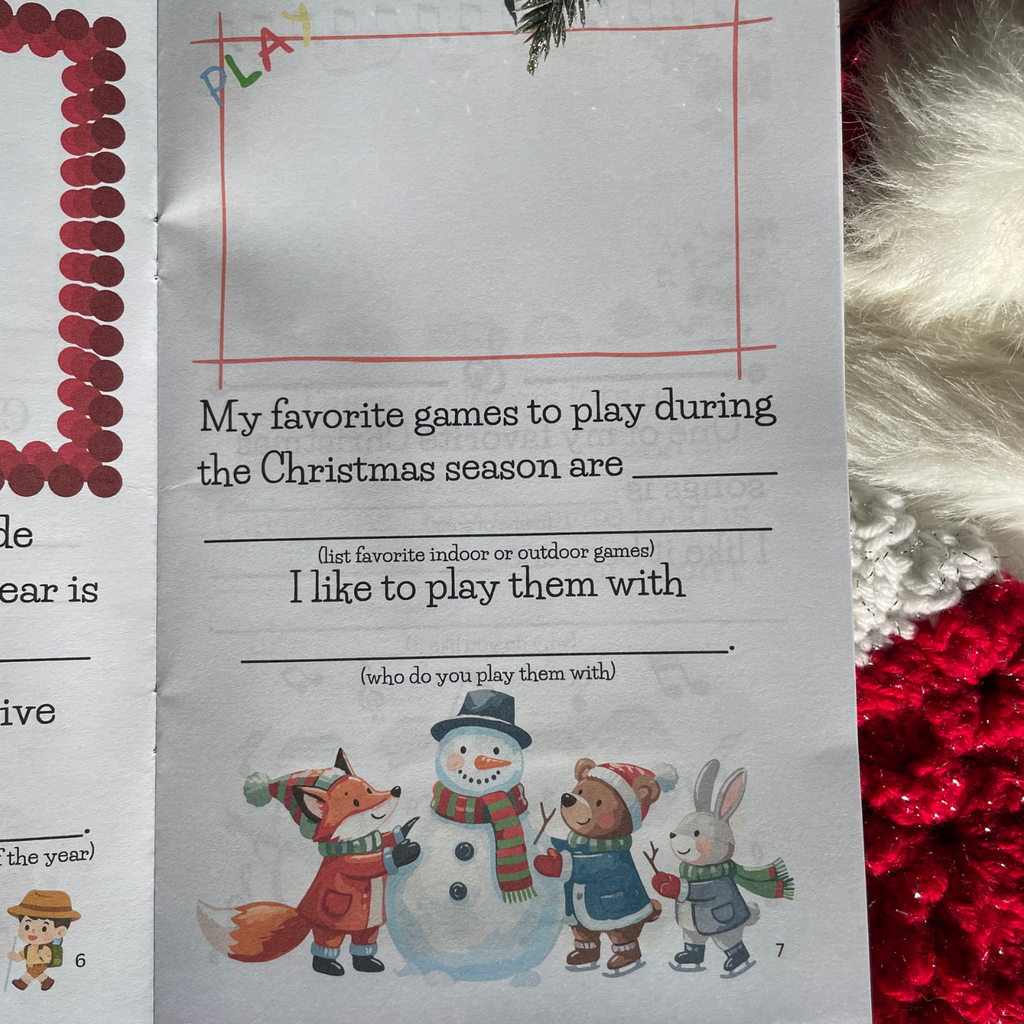 Children's book 'Best Christmas Ever" interior  page with Christmas-themed text and illustrations with Christmas stocking background