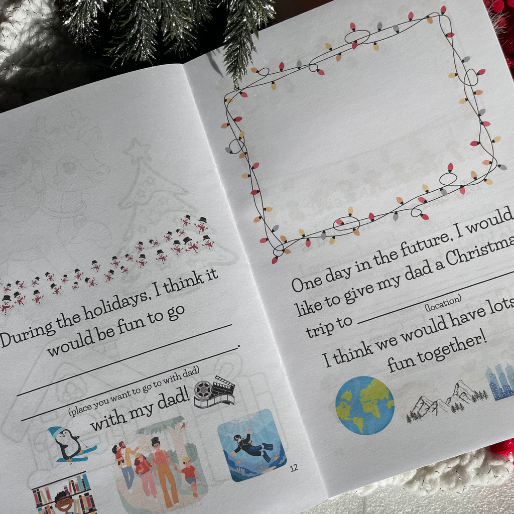 'Merry Christmas Dad' book interior pages with festive illustrations on a background with snow, Christmas tree, presents and stocking