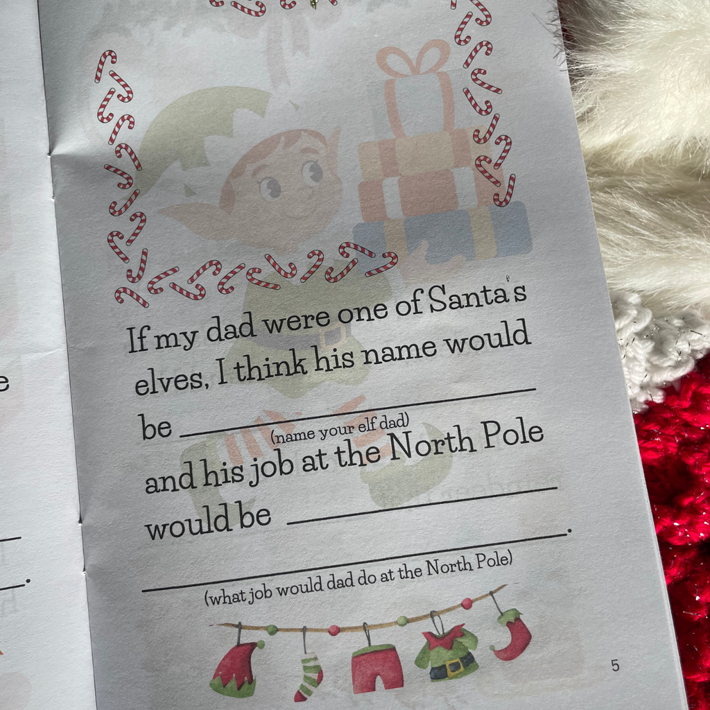 'Merry Christmas Dad' book interior page with festive illustrations on a background with snow and stocking