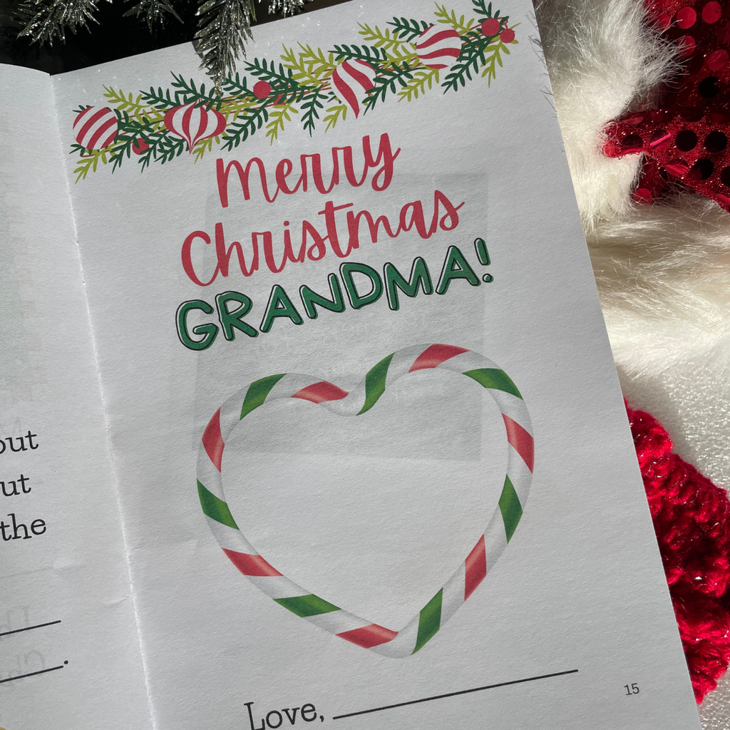 'Merry Christmas Grandma' book interior page with festive illustrations on a background with snow, Christmas tree, presents and stocking