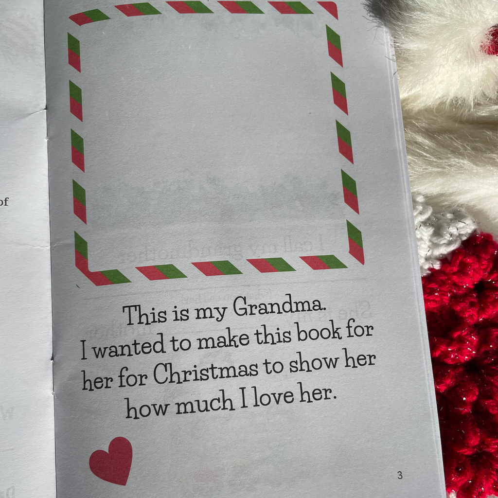 'Merry Christmas Grandma' book interior page with festive illustrations on a background with snow and stocking